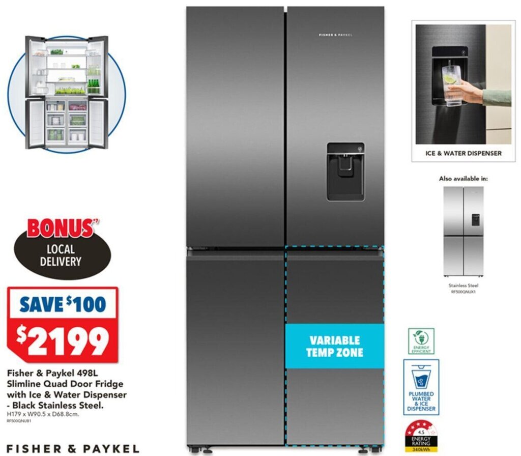 Fisher & Paykel 498L Slimline Quad Door Fridge with Ice & Water