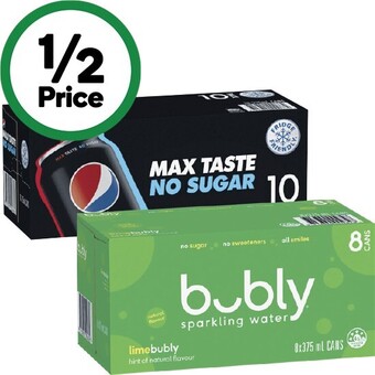 Woolworths Pepsi, solo, mountain dew, schweppes lemonade soft drink varieties, schweppes infused mineral water 10 x 375ml or bubly 8 x 3 offer