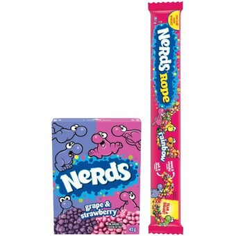 Nerds rainbow rope 26g, wonka gobstoppers 50g or nerds grape & strawberry 46.7g