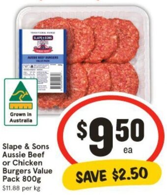 IGA Slape & Sons Aussie Beef or Chicken Burgers Value | Pack 800g offer