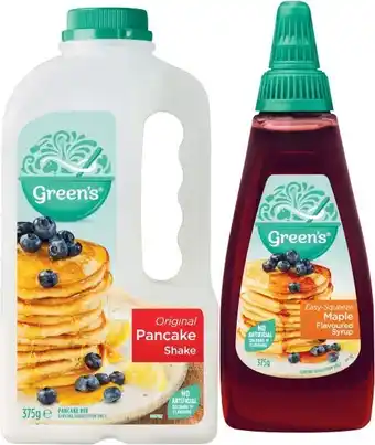 Greenu2019s Pancake Shake 300g-375g or Maple Flavoured Syrup 375g
