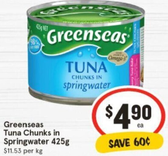 Greenseas Tuna Chunks in Springwater 425g offer at IGA