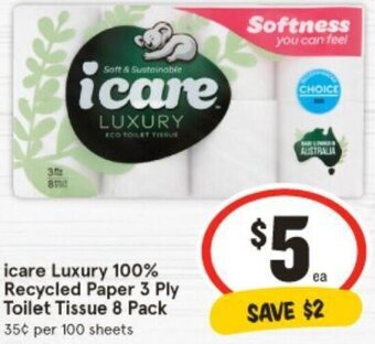 IGA icare Luxury 100% Recycled Paper 3 Ply Toilet Tissue 8 Pack offer