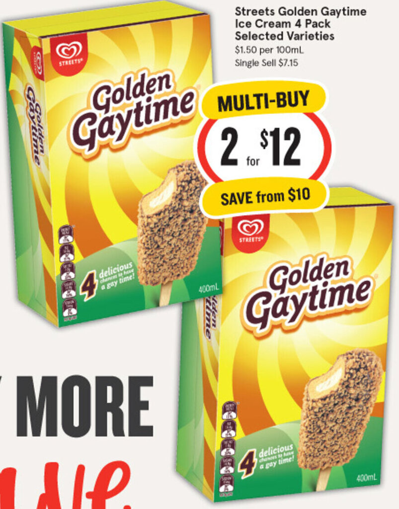 Streets Golden Gaytime Ice Cream 4 Pack Selected Varieties offer at IGA