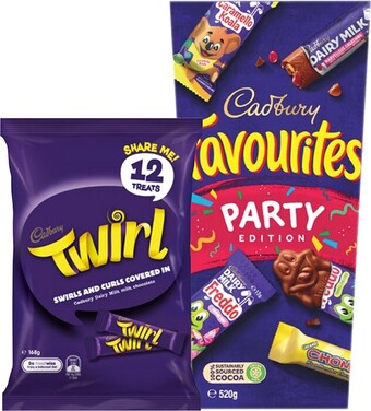 Cadbury favourites party pack 520g or twirl sharepack 168g