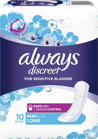 Woolworths Always Discreet Long Pads Pk 10 offer