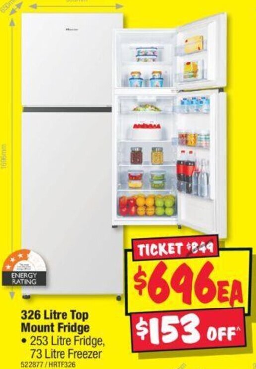 Hisense 326 Litre Top Mount Fridge offer at JB HiFi