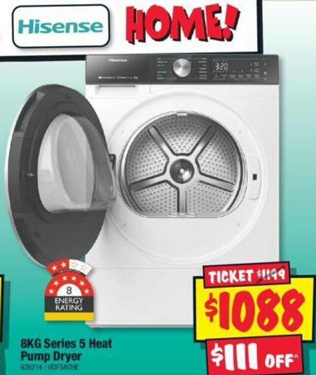 Hisense 8KG Series 5 Heat Pump Dryer offer at JB HiFi