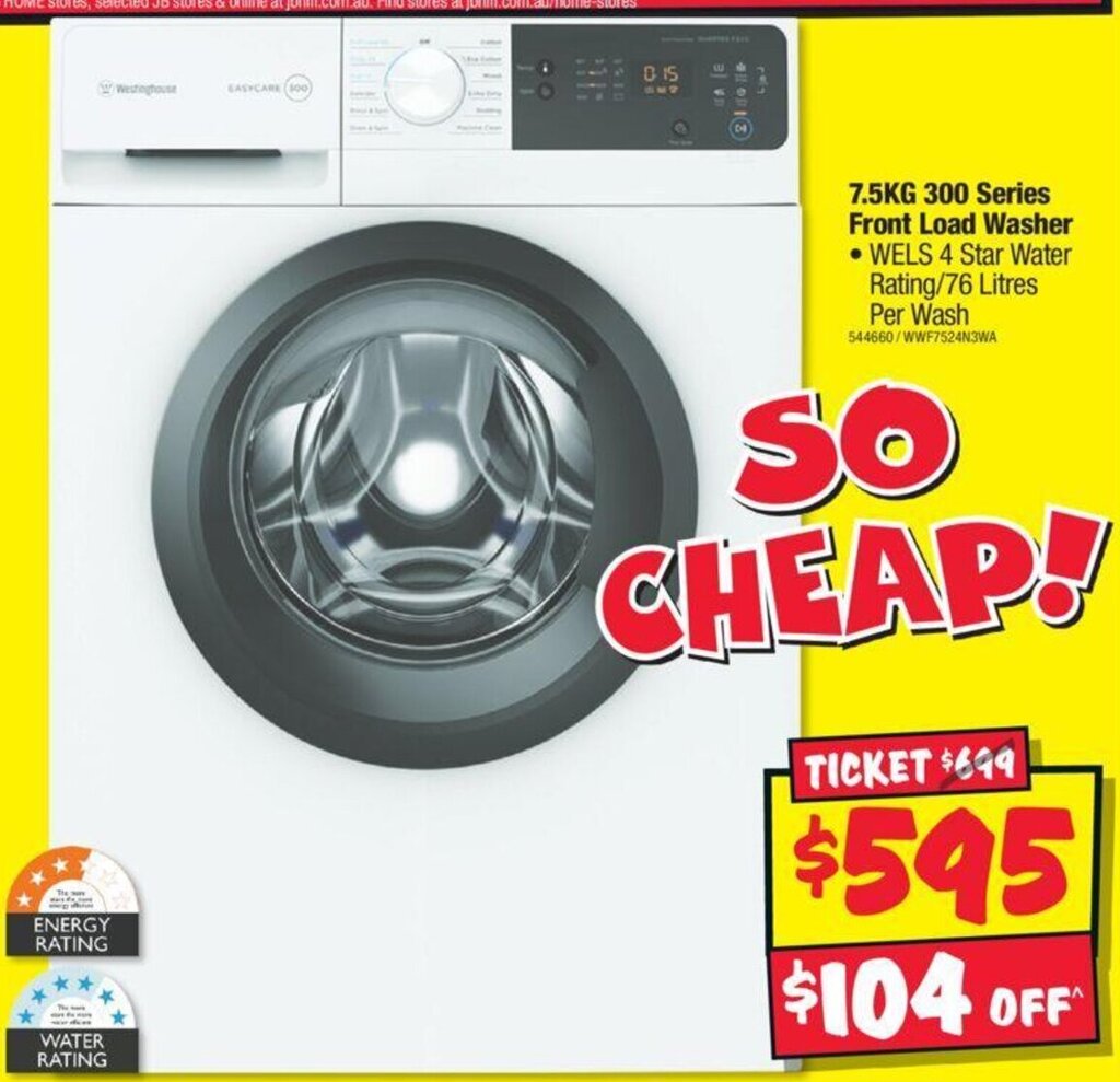 W Westinghouse 7.5KG 300 Series Front Load Washer offer at JB HiFi