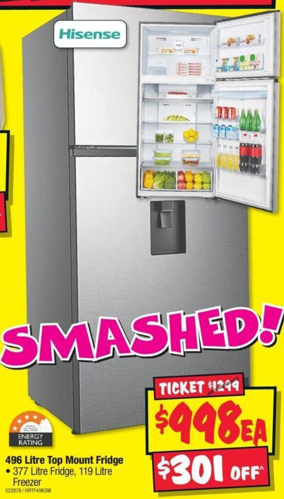 Hisense 496 Litre Top Mount Fridge offer at JB HiFi