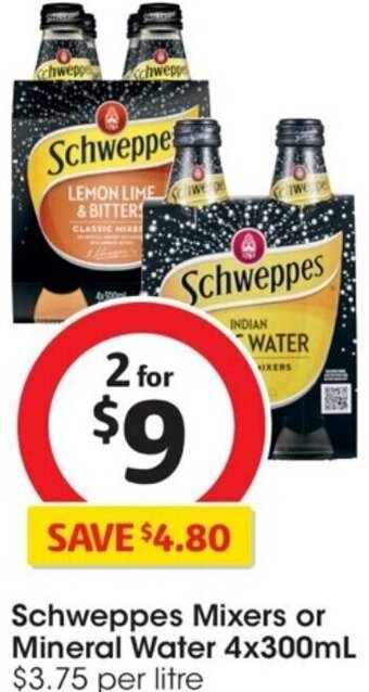 Coles Schweppes Mixers or Mineral Water 4x300mL offer