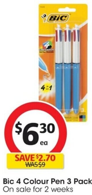 Coles Bic 4 Colour Pen 3 Pack offer