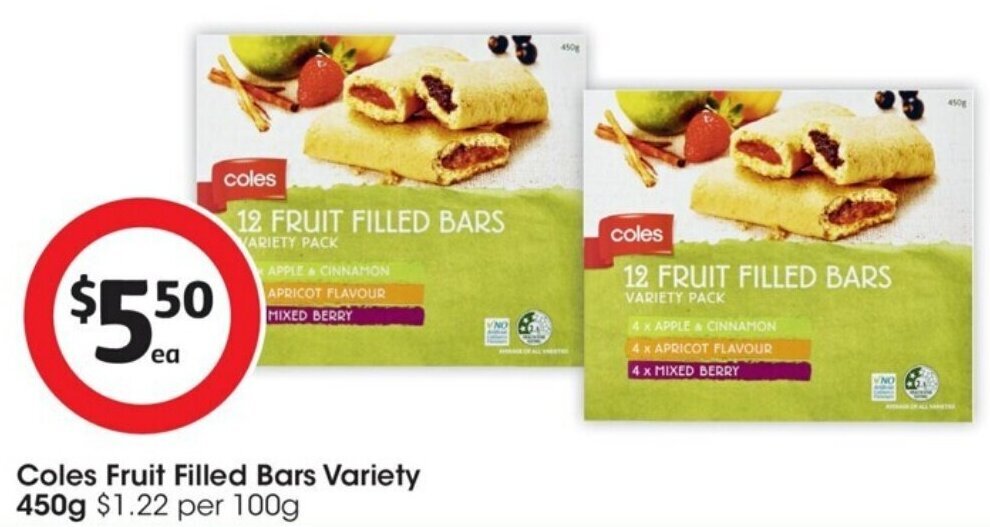 Coles Fruit Filled Bars Variety 450g offer at Coles