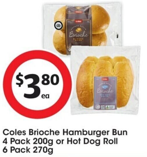 Coles Brioche Hamburger Bun 4 Pack 200g or Hot Dog Roll 6 Pack 270g