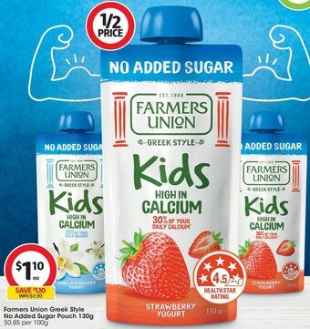 Coles Farmers Union Greek Style No Added Sugar Pouch 130g offer
