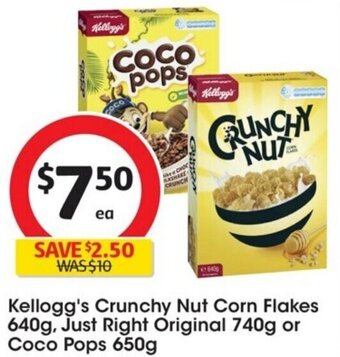 Coles Kellogg's Crunchy Nut Corn Flakes 640g, Just Right Original 740g or Coco Pops 650g offer