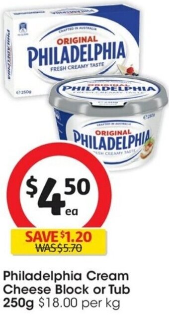 Coles Philadelphia Cream Cheese Block or Tub 250g offer