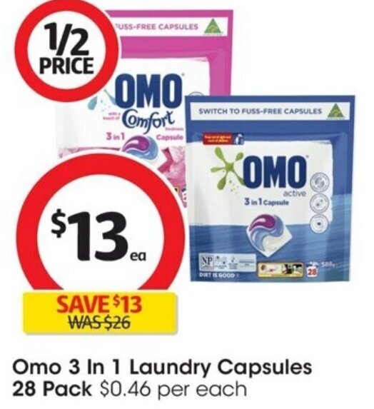 Omo 3 In 1 Laundry Capsules 28 Pack offer at Coles