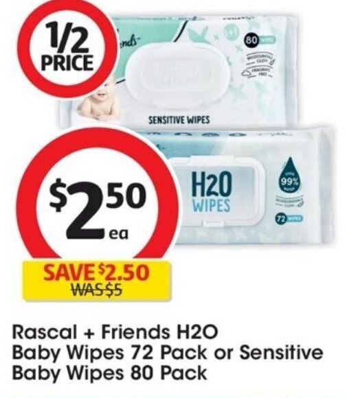 Rascal + Friends H2O Baby Wipes 72 Pack or Sensitive Baby Wipes 80 Pack