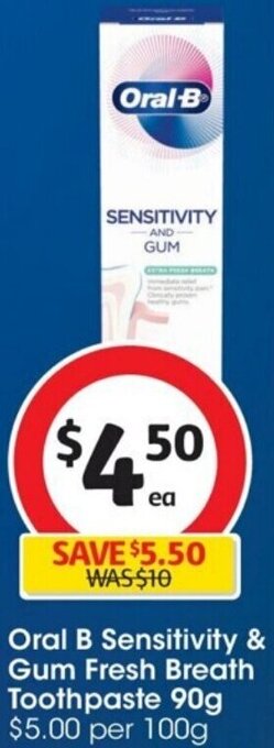 Coles Oral B Sensitivity & Gum Fresh Breath Toothpaste 90g offer