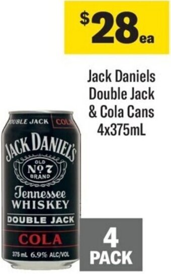 Coles Jack Daniels Double Jack & Cola Cans 4x375mL offer