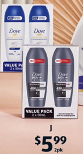 ALDI Dove Antiperspirant Roll-On Deodorant for Men or Women 2 x 50ml offer
