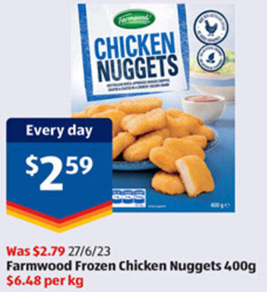 Farmwood Frozen Chicken Nuggets 400g offer at ALDI
