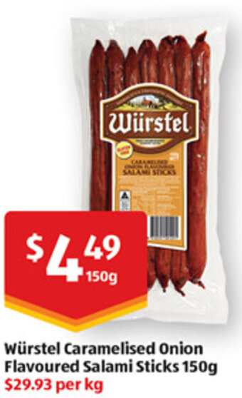 ALDI Würstel Caramelised Onion Flavoured Salami Sticks 150g offer