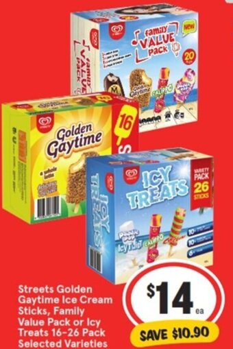 IGA Streets Golden Gaytime Ice Cream Sticks, Family Value Pack or Icy Treats 16-26 Pack Selected Varieties offer