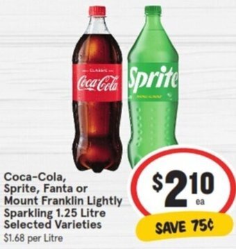 IGA Coca-Cola, Sprite, Fanta or Mount Franklin Lightly Sparkling 1.25 Litre Selected Varieties offer