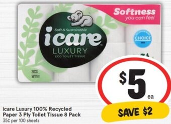 IGA icare Luxury 100% Recycled Paper 3 Ply Toilet Tissue 8 Pack offer