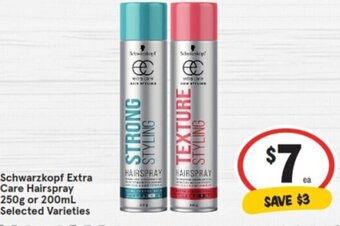 IGA Schwarzkopf Extra Care Hairspray 250g or 200mL offer