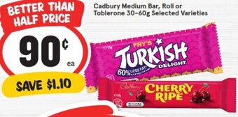 IGA Cadbury Medium Bar, Roll or Toblerone 30-60g offer