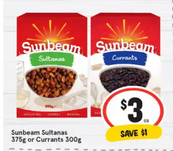 IGA Sunbeam Sultanas 375g or Currants 300g offer