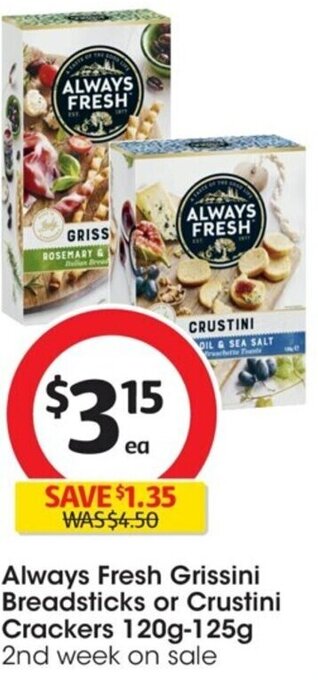 Coles Always Fresh Grissini Breadsticks or Crustini Crackers 120g-125g offer