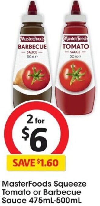 Coles MasterFoods Squeeze Tomato or Barbecue Sauce 475mL-500mL offer