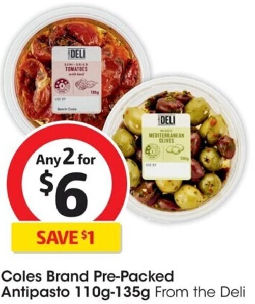 Coles Brand PrePacked Antipasto 110g135g offer at Coles
