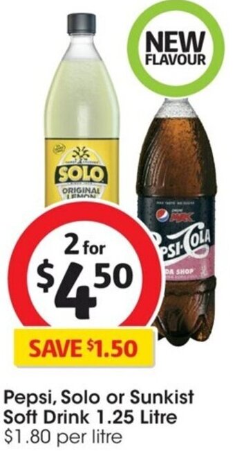 Coles Pepsi, Solo or Sunkist Soft Drink 1.25 Litre offer