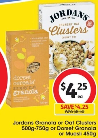 Coles Jordans Granola or Oat Clusters 500g-750g or Dorset Granola or Muesli 450g offer