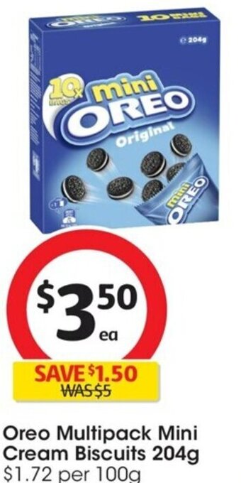 Coles Oreo Multipack Mini Cream Biscuits 204g offer
