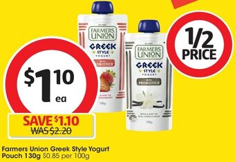 Coles Farmers Union Greek Style Yogurt Pouch 130g offer
