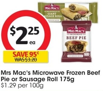 Coles Mrs Mac's Microwave Frozen Beef Pie or Sausage Roll 175g offer