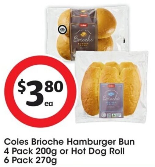 Coles Brioche Hamburger Bun 4 Pack 200g or Hot Dog Roll 6 Pack 270g