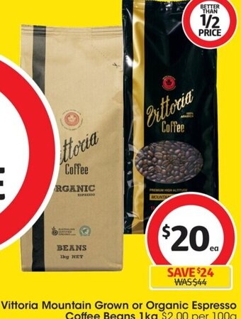 Coles Vittoria Mountain Grown or Organic Espresso Coffee Beans 1kg offer