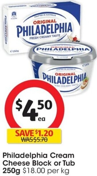 Coles Philadelphia Cream Cheese Block or Tub 250g offer