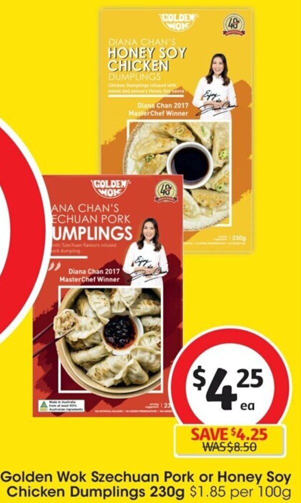 Golden Wok Szechuan Pork or Honey Soy Chicken Dumplings 230g offer at Coles