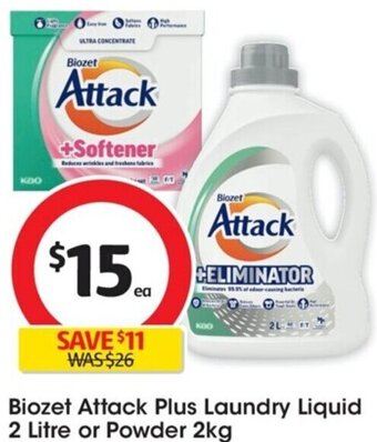 Coles Biozet Attack Plus Laundry Liquid 2 Litre or Powder 2kg offer