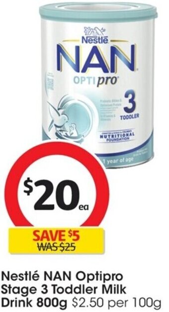 Coles Nestlé NAN Optipro Stage 3 Toddler Milk Drink 800g offer