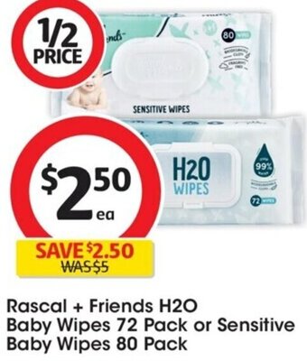 Coles Rascal + Friends H2O Baby Wipes 72 Pack or Sensitive Baby Wipes 80 Pack offer