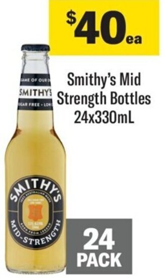 Smithy's Mid Strength Bottles 24x330mL